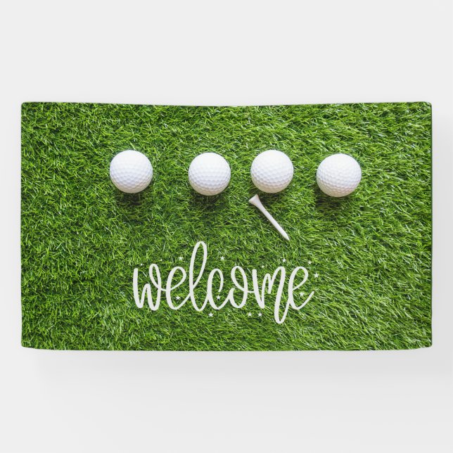 Golf welcome sign with golf ball on green grass (Horizontal)