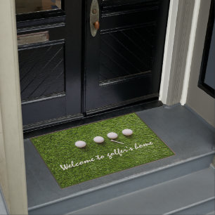 Golf welcome to golfer's home with golf balls doormat