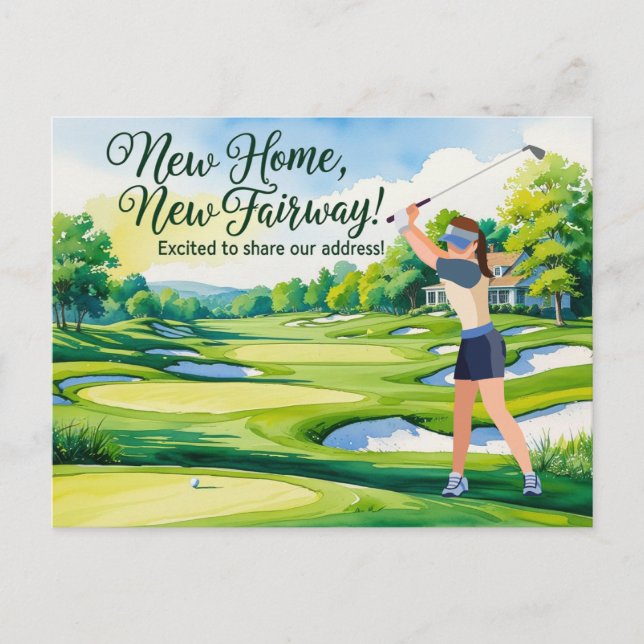 Golf we've moved to new house watercolor style postcard (Front)