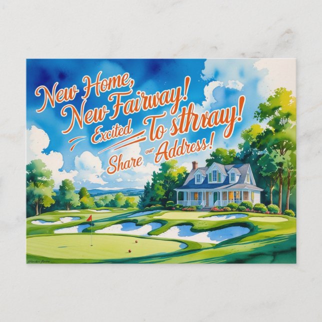 Golf we've moved to new house watercolor style postcard (Front)