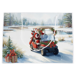 Golf Winter Christmas with Santa Driving golf cart Large Gift Bag