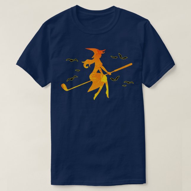 Golf Witch Riding Golf Stick Funny Halloween Golf  T-Shirt (Design Front)