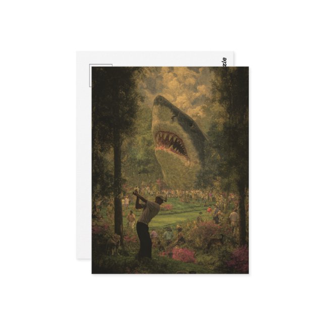 Golf With Surreal Shark Postcard (Front/Back In Situ)