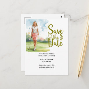 Golf  woman golfer is golfing on green  postcard