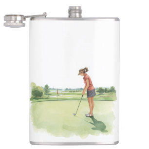 Golf woman golfer is golfing putting on green hip flask