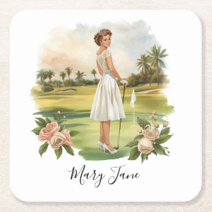 Golf Woman golfer on golf course Bridal Square Paper Coaster