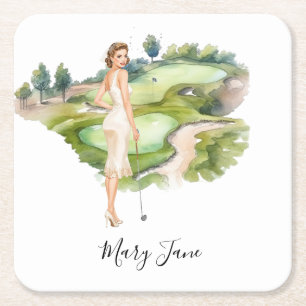 Golf Woman golfer on golf course Bridal Square Paper Coaster