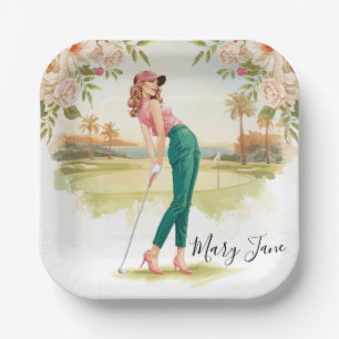 Golf Woman golfer on golf course Paper Plate