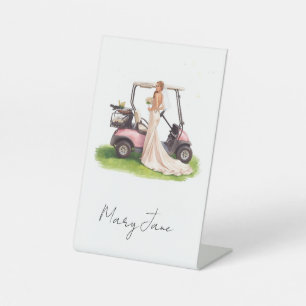 Golf woman golfer & pink cart  Bachelorette party Pedestal Sign