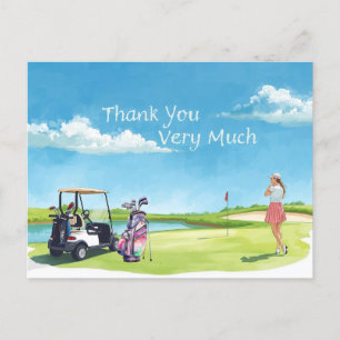 Golf  woman golfer with bag and golf cart  postcard