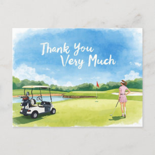 Golf  woman golfer with cart on green  postcard