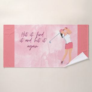 Golf woman golfing on pink background   bath towel