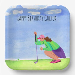 Golf woman is playing golf  Birthday golfer Paper Plate