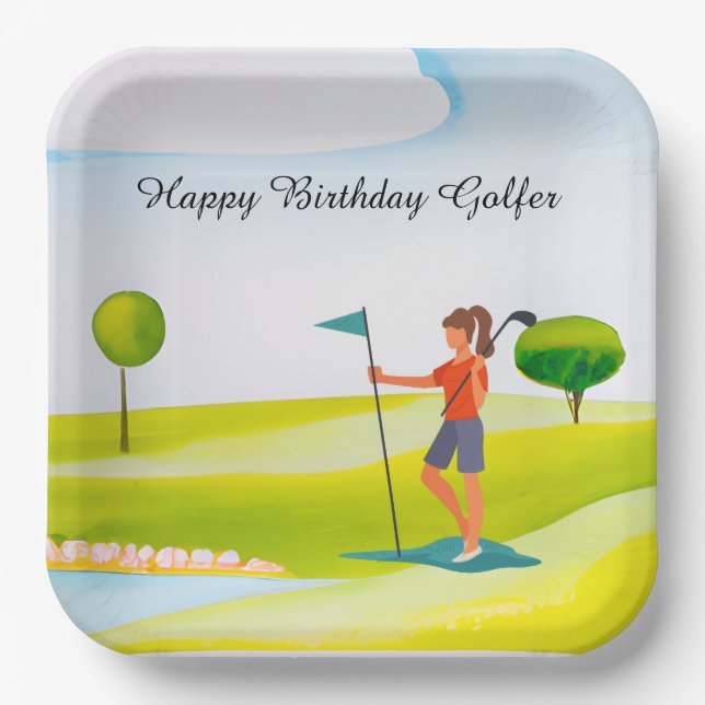 Golf woman is playing golf  Birthday golfer Paper Plate (Front)