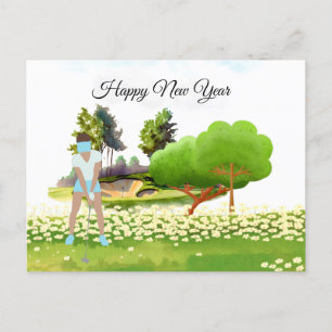 Golf woman is playing golf New Year Holiday Postcard