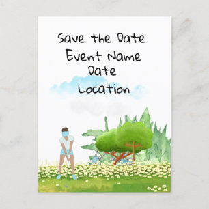 Golf woman is playing golf  Save the Date party Postcard
