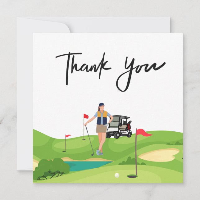 Golf woman thank you card with golf cart on green (Front)