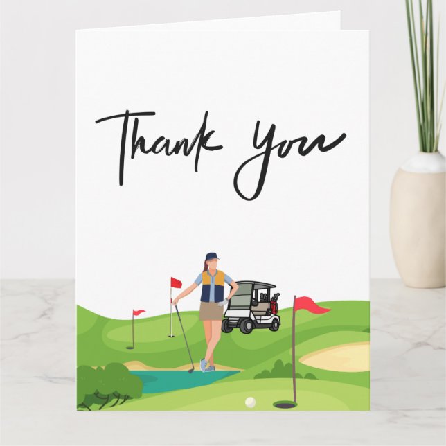 Golf woman thank you card with golf cart on green (Front)
