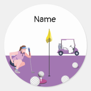 Golf Woman with cart and ball Purple theme Classic Round Sticker