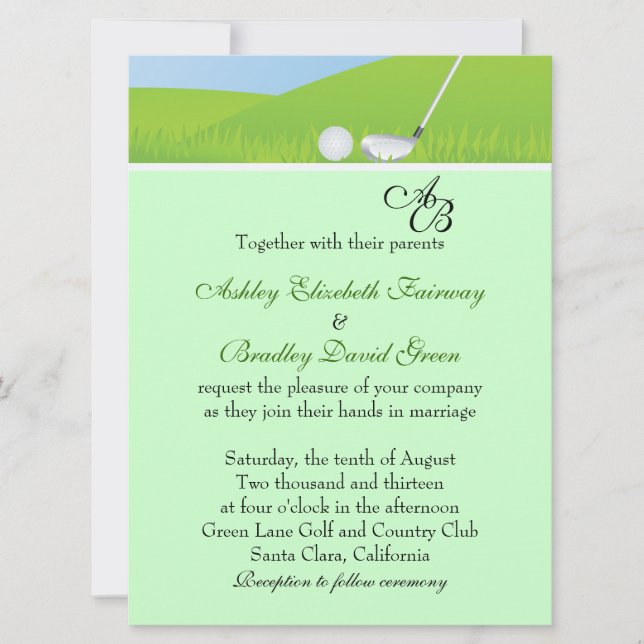 Golfball Golfing Green Monogram Wedding Invitation (Front)