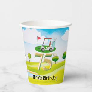 Golfer 75th Birthday on golf course Paper Cups