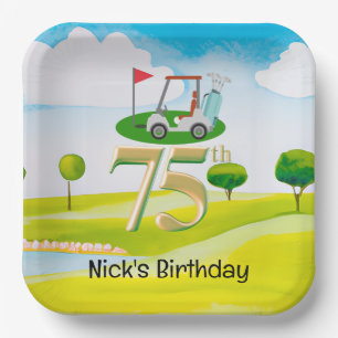 Golfer 75th Birthday on golf course Paper Plate