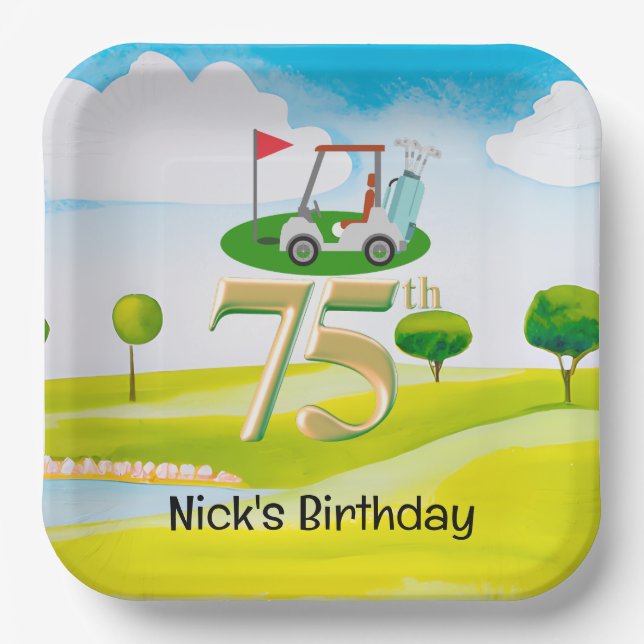 Golfer 75th Birthday on golf course Paper Plate (Front)