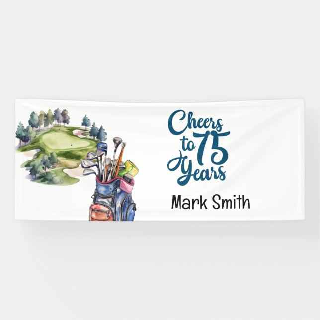 Golfer 75th Birthday with golf Bag on golf course Banner (Horizontal)