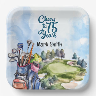 Golfer 75th Birthday with golf Bag on golf course Paper Plate