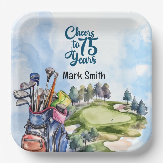 Golfer 75th Birthday with golf Bag on golf course Paper Plate (Front)