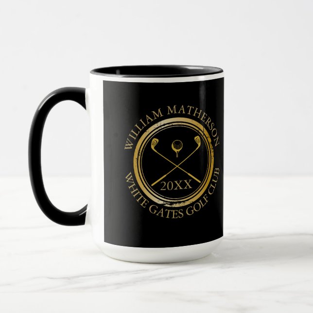 Golfer and Club Name Date Black and Gold Mug (Left)