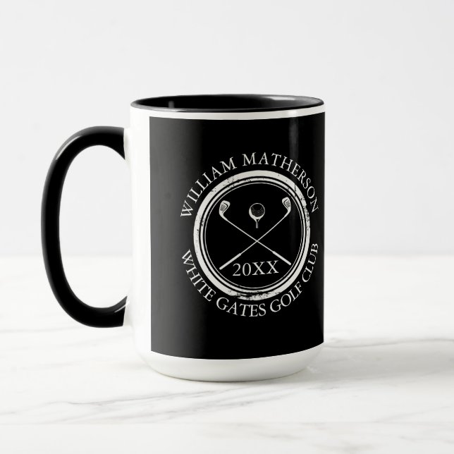Golfer and Club Name Date Black and White Mug (Left)