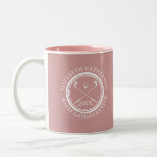 Golfer and Club Name Date Dusty Rose Pink Two-Tone Coffee Mug