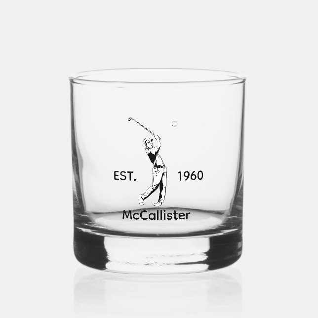 Golfer and Personalised name and year Whiskey Glass (Front)