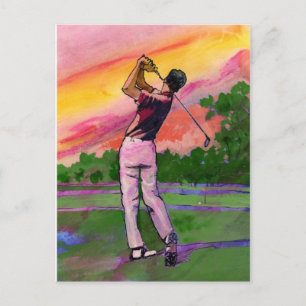 Golfer at field postcard