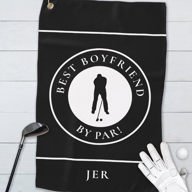 Golfer Best Boyfriend By Par Monogram Sports Black Golf Towel (Creator Uploaded)