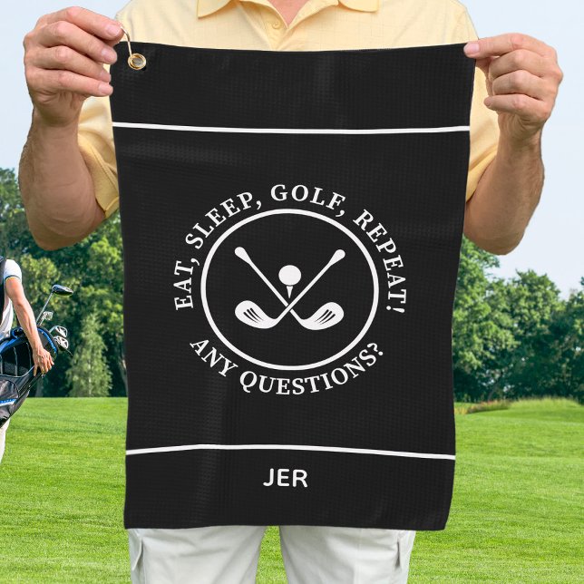 Golfer Black Modern Sports Pro Equipment Monogram Golf Towel (Golfer Black & White Modern Sports Pro Equipment Custom Monogram Golf Towel For Him or For Her)