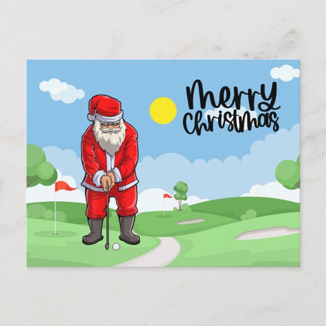 Golfer Christmas with Golf Flag and Santa Claus  Holiday Postcard (Front)