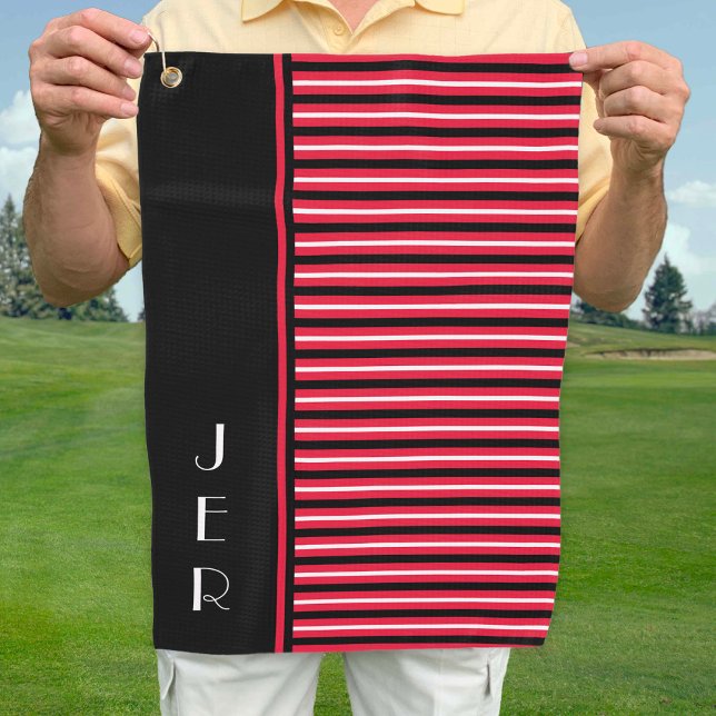 Golfer Custom Initials | Black Red Modern Stripes Golf Towel (Creator Uploaded)