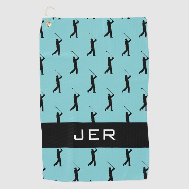 Golfer Custom Monogram Pattern Light Teal Black Golf Towel (Front)