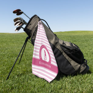 Golfer Female Golf Silhouette Monogram Name Pink Golf Towel