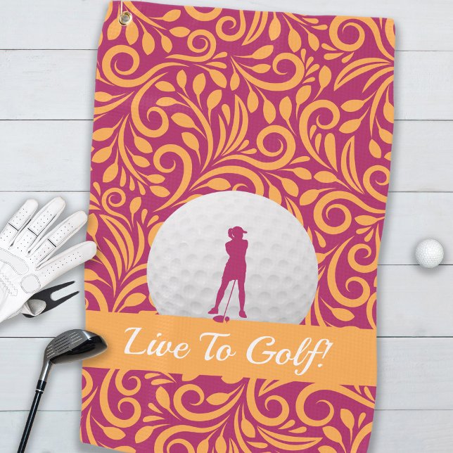 Golfer Feminine Lady Silhouette Pink Orange Girly Golf Towel (Live To Golf Lady Golfer Silhouette Pink Orange Golf Towel For Her)