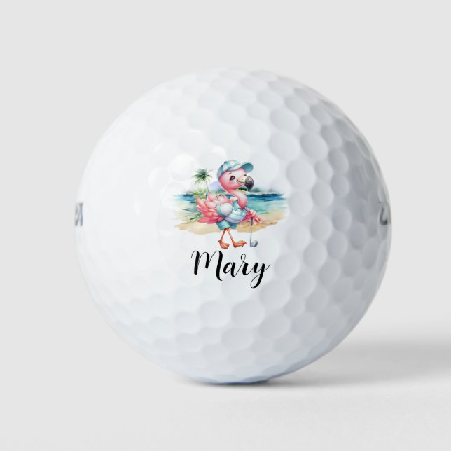 Golfer Flamingo at the beach  Golf Balls (Front)