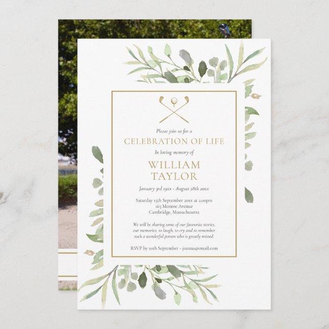 Golfer Funeral Celebration of Life Greenery Photo Invitation (Front/Back)