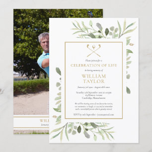 Golfer Funeral Celebration of Life Greenery Photo Invitation