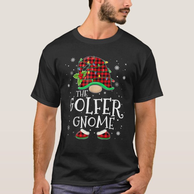 Golfer Gnome Red Plaid Matching Family Christmas P T-Shirt (Front)