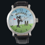 Golfer Golf Course Custom Name 3-D Monogram    Watch<br><div class="desc">A custom unique golf lover's watch-- tastefully done -- ready to run the course -- scenic - golfer in action - and personalise with a custom two-tone monogram as well and their name as well. This is a great gift for all gentlemen golf lovers -- fun / attractive / unique....</div>