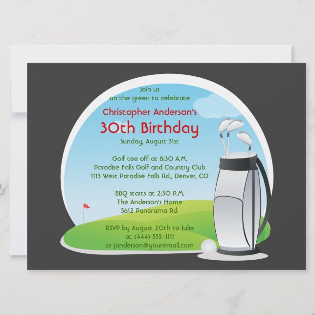Golfer Golf Golfing Bag and Clubs 30th Birthday Invitation (Front)