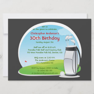 Golfer Golf Golfing Bag and Clubs 30th Birthday Invitation