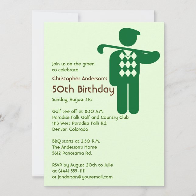 Golfer Golf Golfing Green Brown 50th Birthday Invitation (Front)